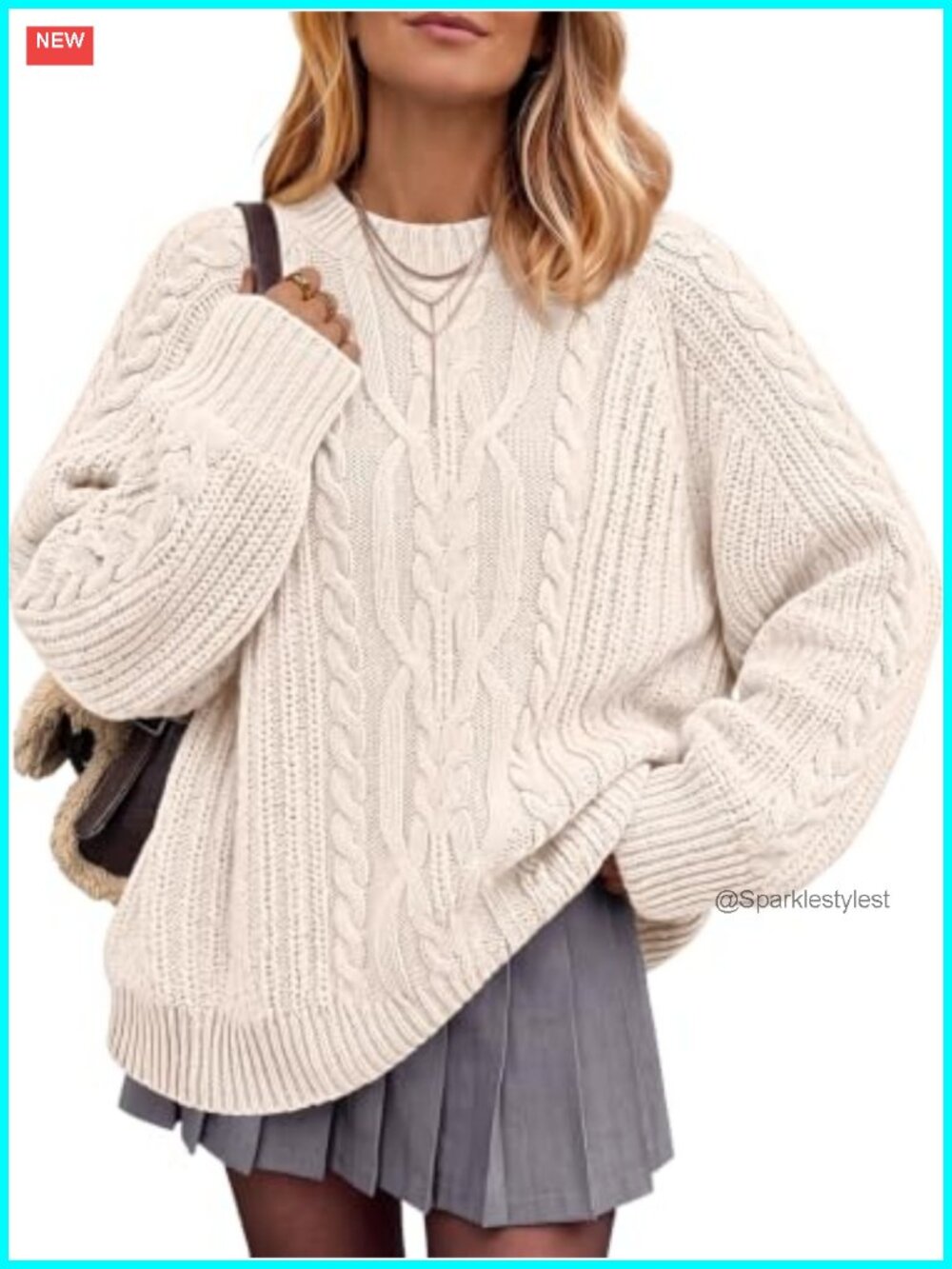 Oversized Cable Knit Crewneck Pullover Sweater Cotton Blend